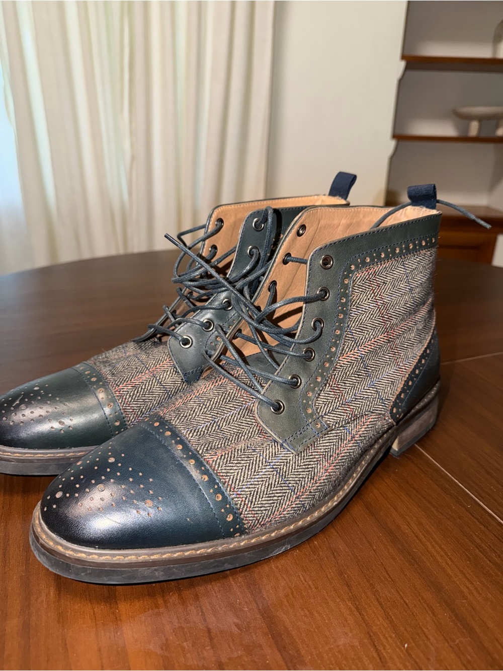 Men's Herringbone Wool and Leather Lace-Up Boots - Green